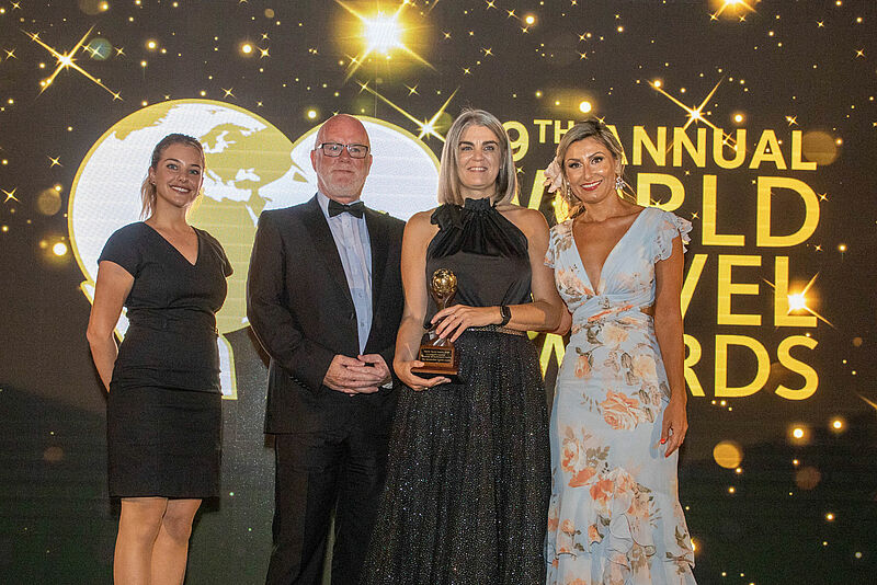 The CCD wins Europe’s Leading Meetings and Conference Centre is in Dublin, Ireland. (From left to right: World Travel Awards Representative; Paul Carnell, Sales Director; Suzanne McGann, Director of Marketing and Communications; Ela Clark, World Travel Awards Host.); photo: The CCD