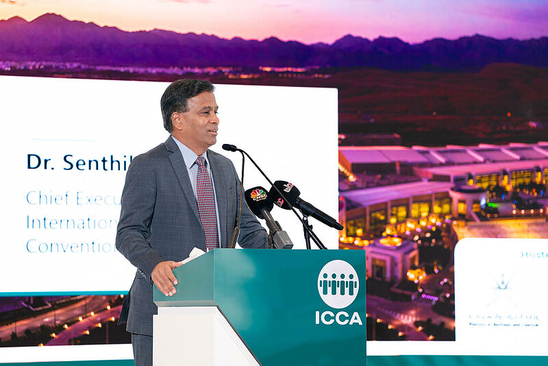 ICCA CEO Senthil Gopinath on stage during the announcement. Photo: ICCA