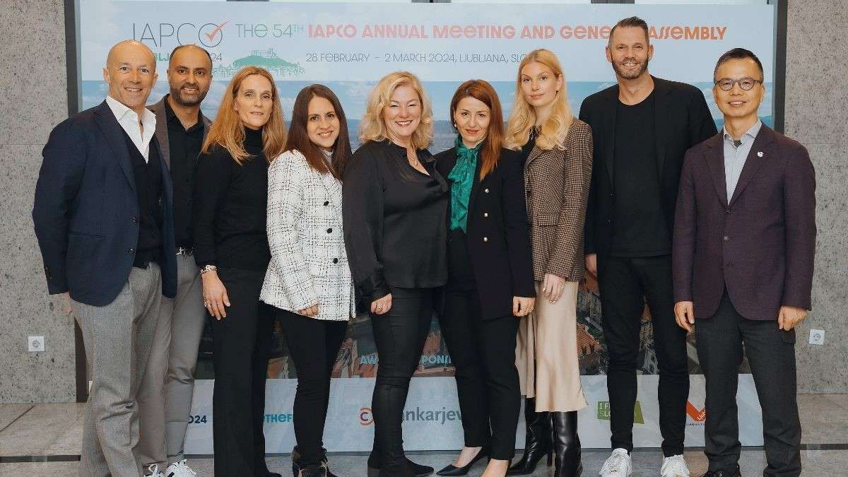 The New IAPCO Council - L to R: Nicola Testai (OIC Group), Ajay Bhojwani (MCI Group UAE), Limor Cunia (Kenes Group), Jimena Ruiz (BTC Americas), Sarah Markey-Hamm (ICMS) - IAPCO President, Sissi Lygnou (AFEA Congress) - IAPCO President-Elect, Ellen Franck (Meetagain AB), Stephen Noble (The Conference Company). Photo: IAPCO