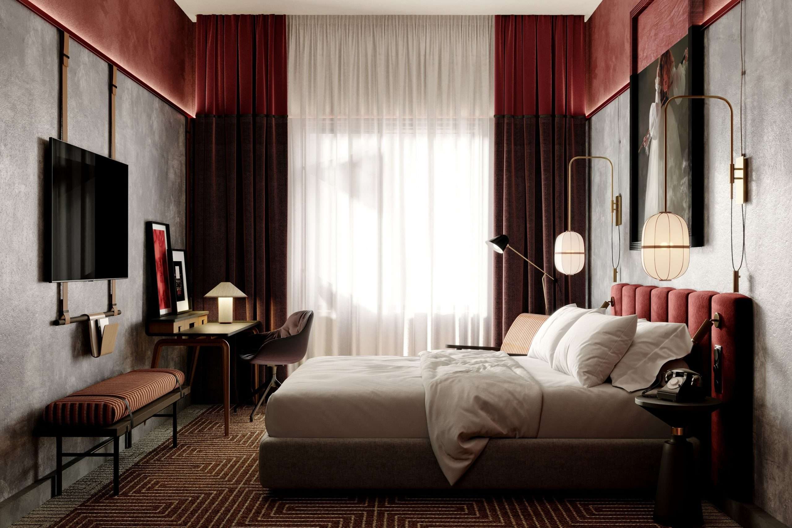 Hotelzimmer, rechts steht ein Bett, rote Designelemente