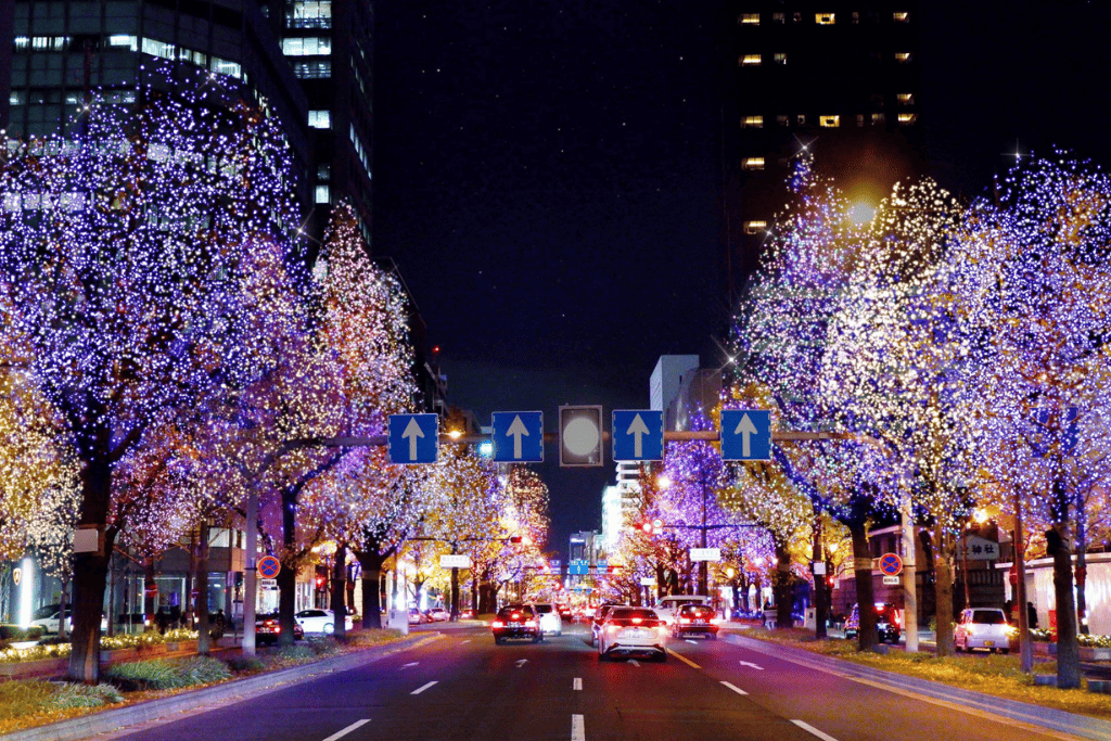 Street with traffic lights and illuminated trees at night