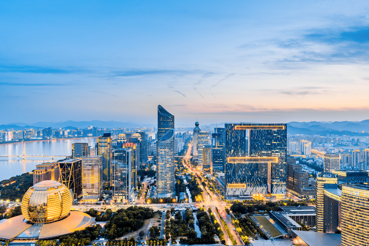 High angle night view of Qianjiang New Town, Hangzhou, Zhejiang, China