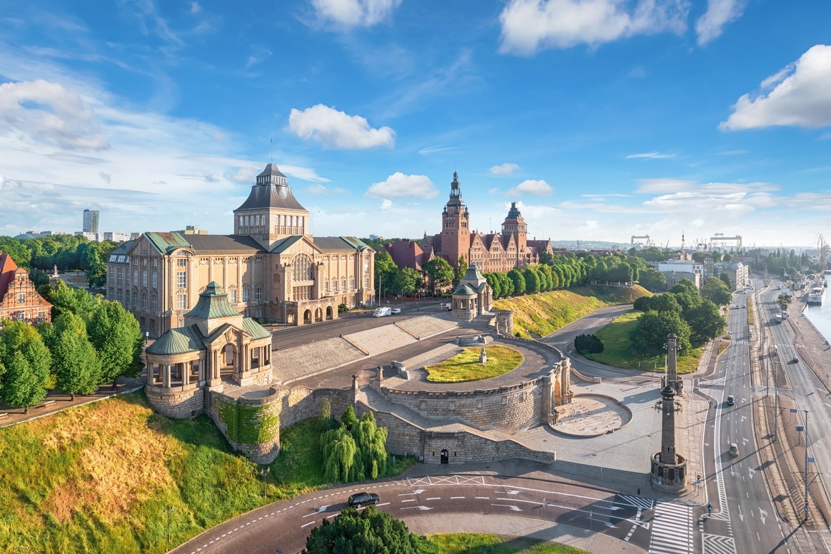 Szczecin, Poland. Aerial view of historic buildings on the bank of Oder river.