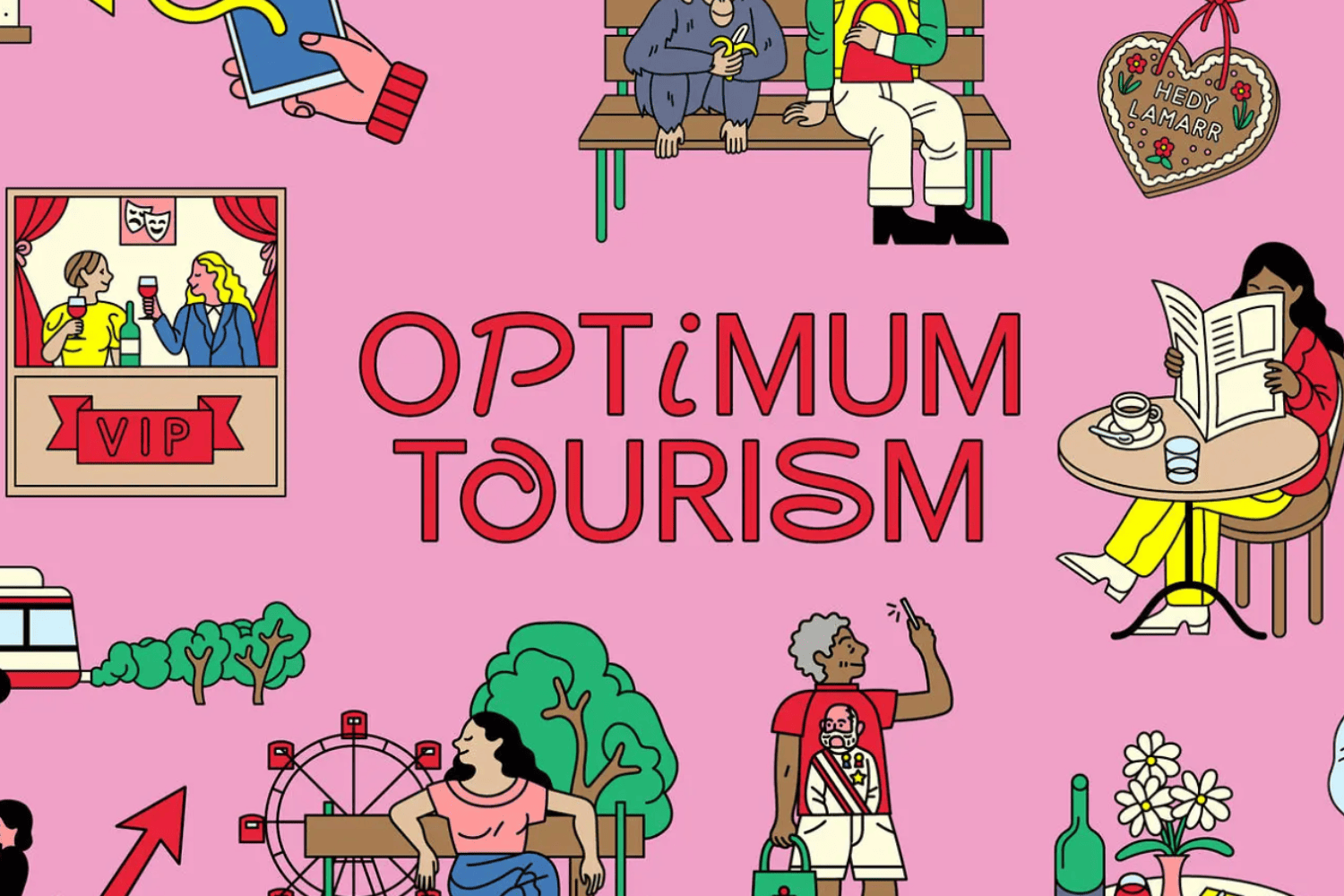 Bunte Comiczeichnungenund der Schriftzug "Optimum Tourism" auf pinkem Hintergrund